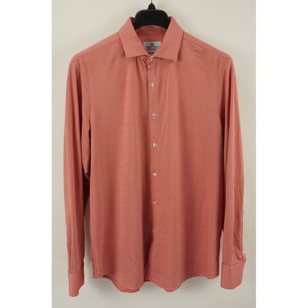 Mizzen+Main Men's Large Long Sleeve Red White Micro Check Knit Cutaway Shirt